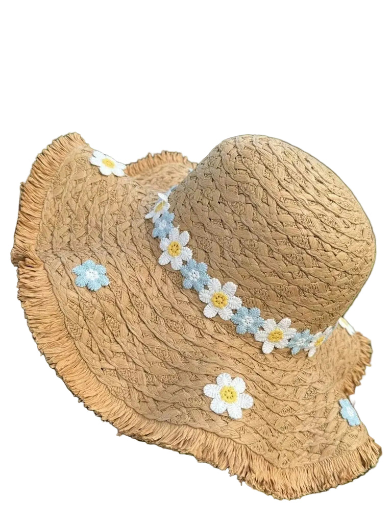 Vintage 3D Daisy Raffia Fringe Brim Sun Hat - vintage fashion, retro style