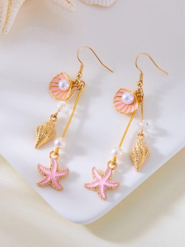 Vintage Alloy Starfish & Conch & Pearl Earrings - vintage fashion, retro style