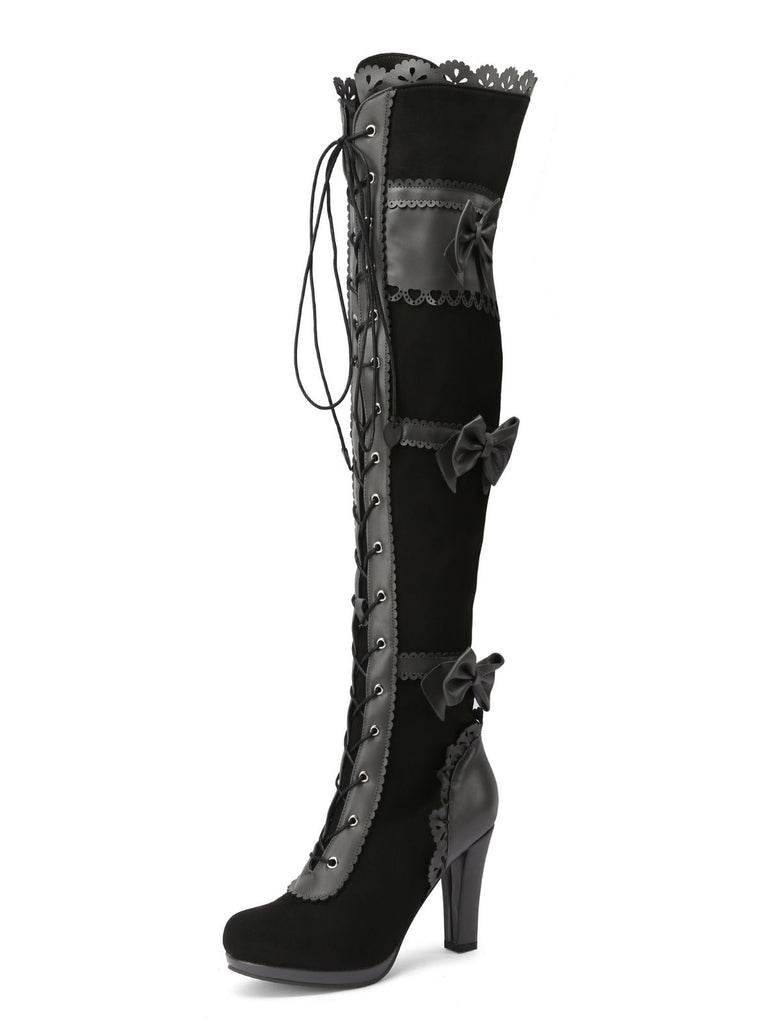 Vintage Bow Lace-Up High Heel Long Boots - vintage shoes, retro heels
