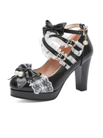 She finds her 1950s story in this Vintage Bow Pearls Lace Chunky Lolita Heels
