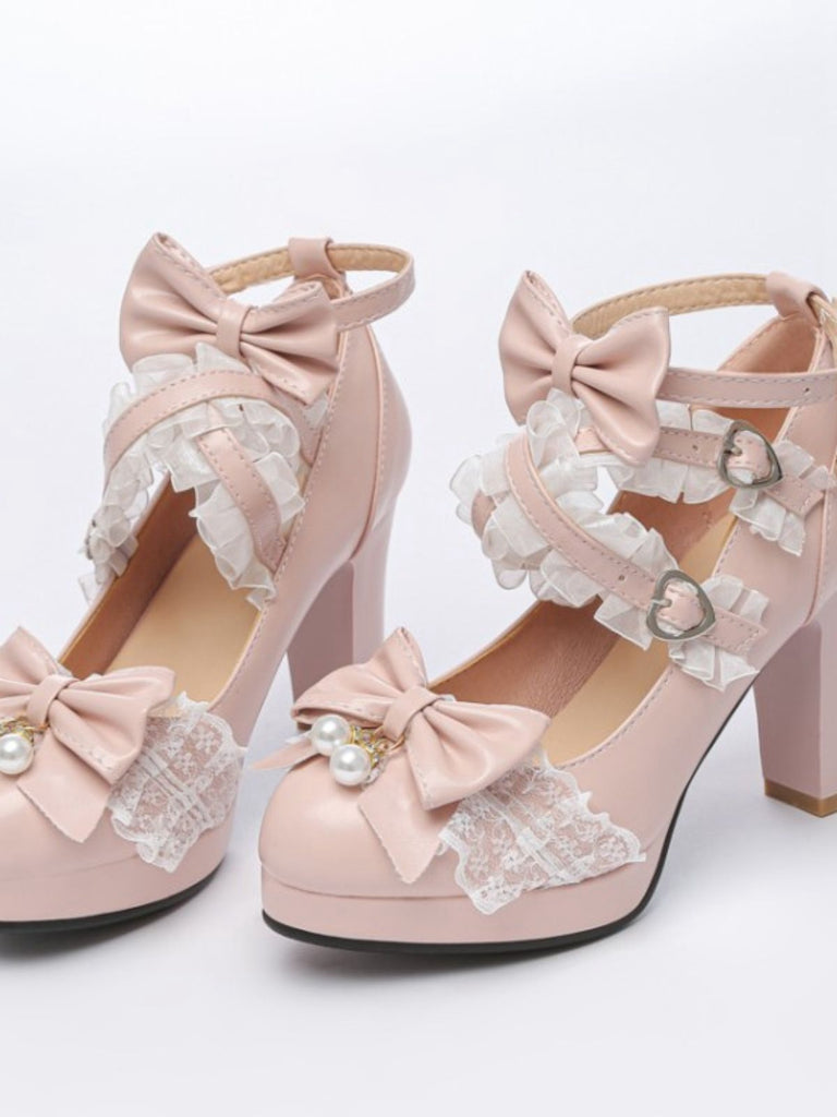 Vintage Bow Pearls Lace Chunky Lolita Heels — 1950s vintage charm for her modern wardrobe