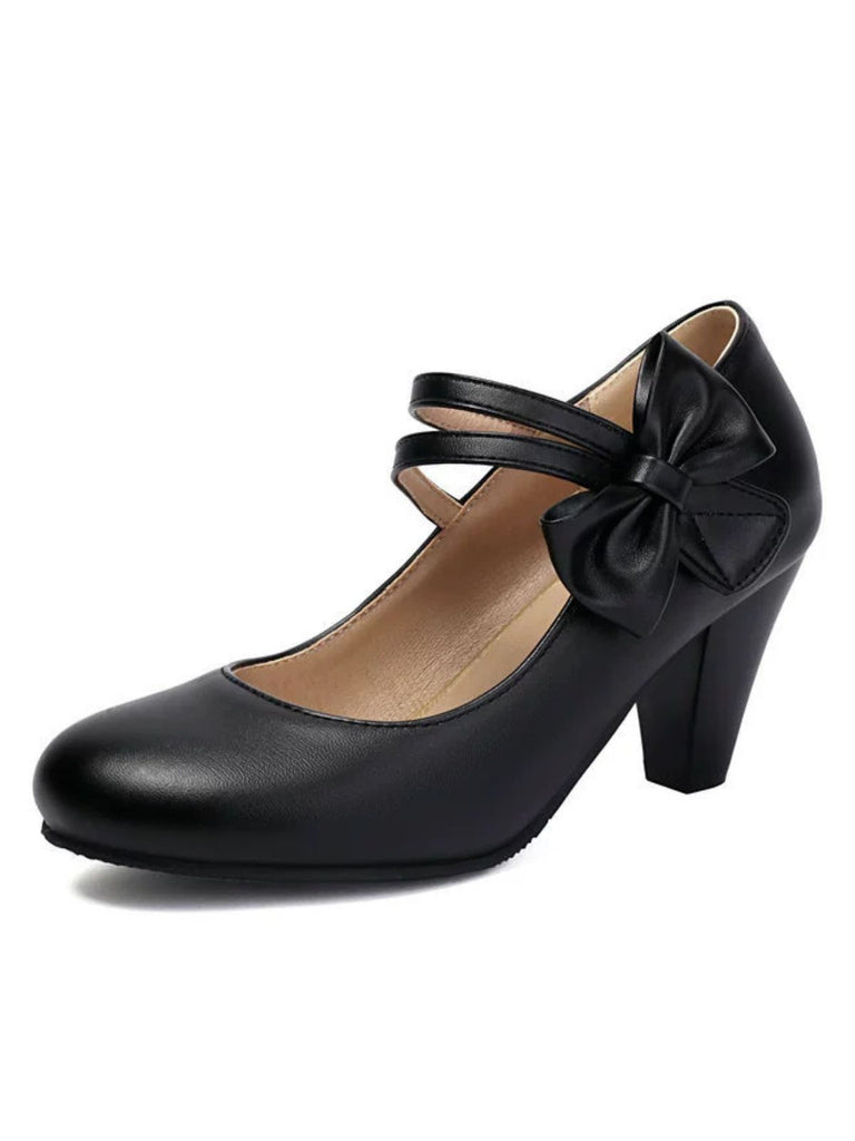 Vintage Bow Strap Solid Leather High Heel Shoes - vintage shoes, retro heels