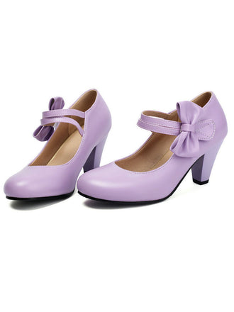Vintage Bow Strap Solid Leather High Heel Shoes - vintage shoes, retro heels