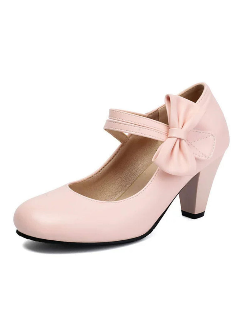 Vintage Bow Strap Solid Leather High Heel Shoes - vintage shoes, retro heels