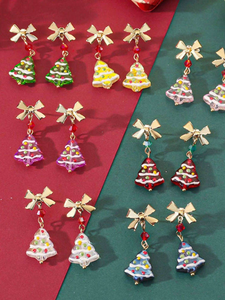 Vintage Bowknot Christmas Tree Dangle Earrings - vintage fashion, retro style