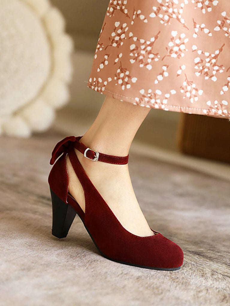 Vintage Bowknot Chunky High Heel Suede Shoes: timeless 1950s elegance she makes her own