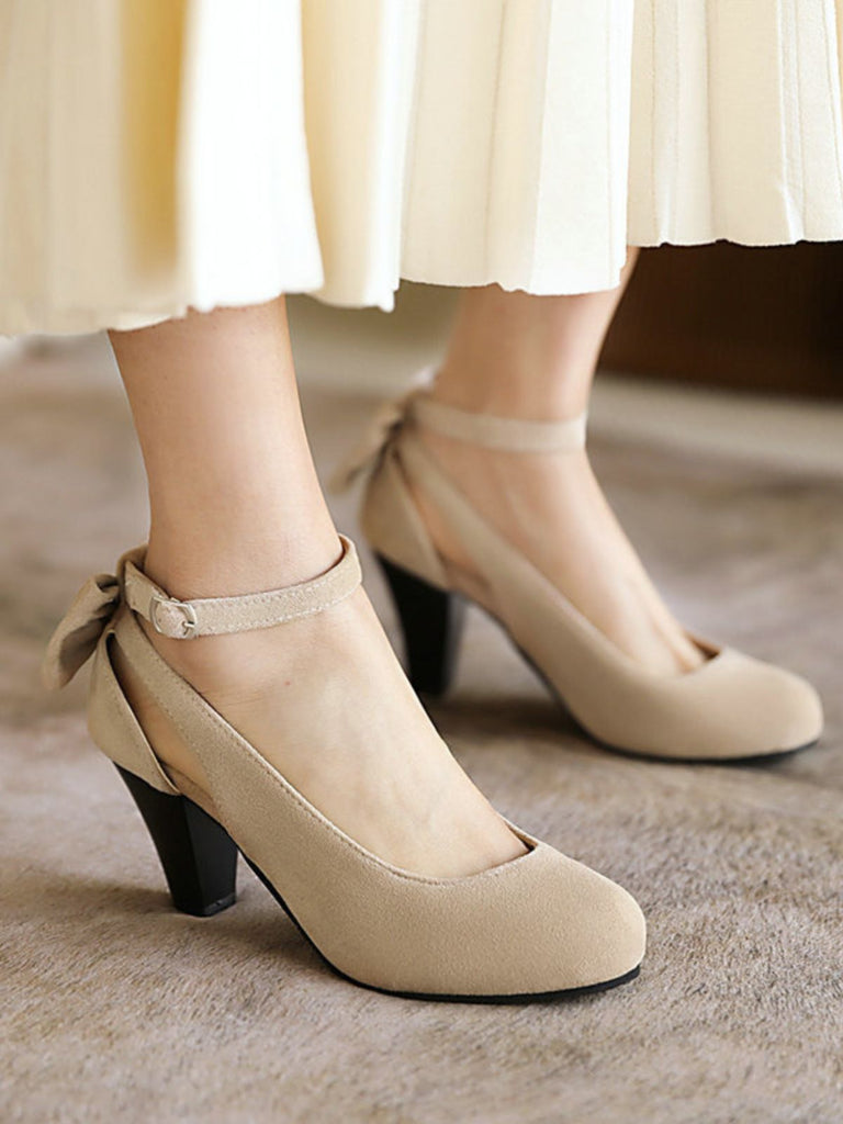 Vintage Bowknot Chunky High Heel Suede Shoes — 1950s style that transcends decades