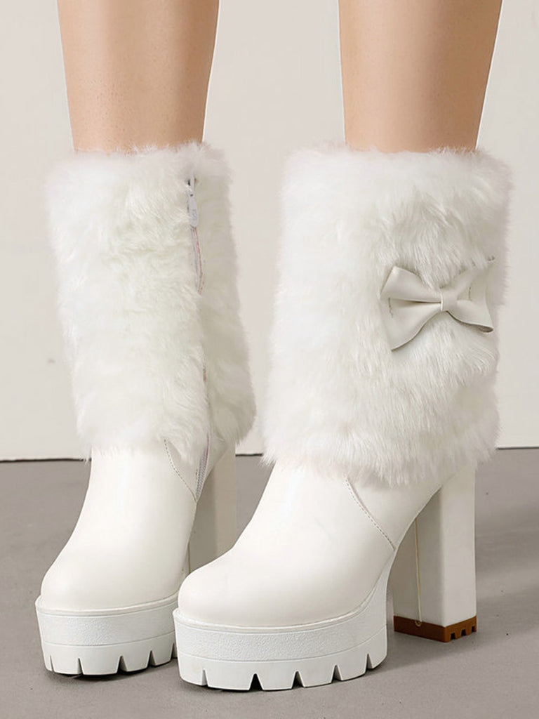 Vintage Bowknot Plush Chunky Heel Boots - vintage shoes, retro heels