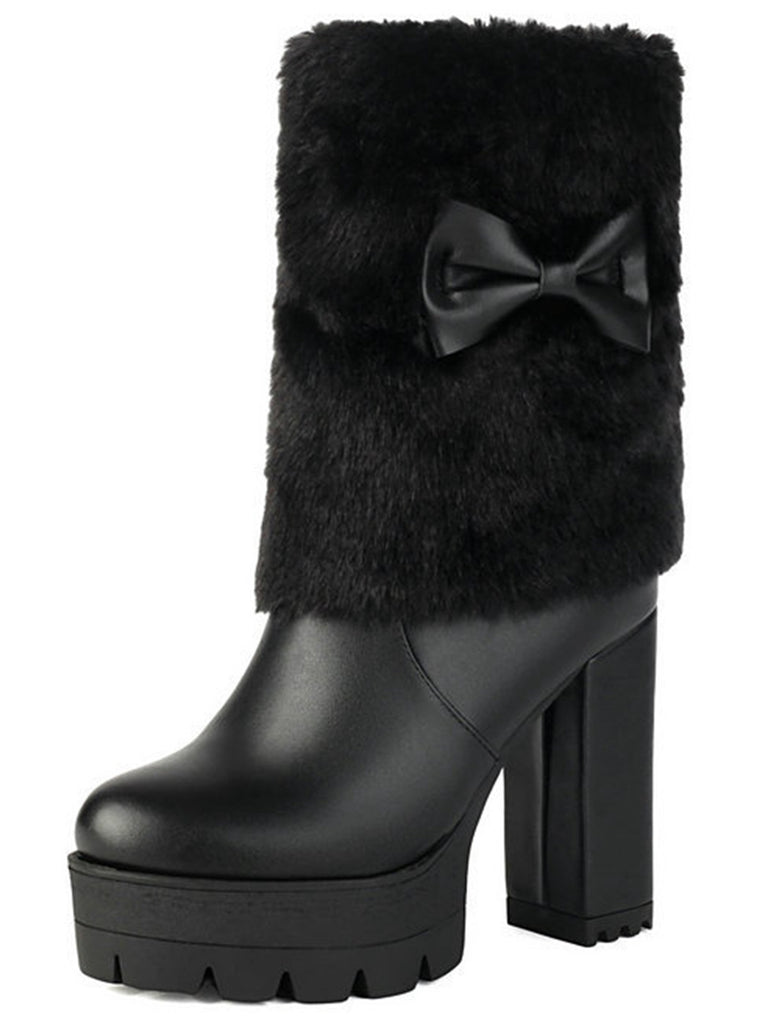 Vintage Bowknot Plush Chunky Heel Boots - vintage shoes, retro heels