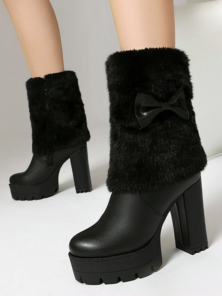 Vintage Bowknot Plush Chunky Heel Boots - vintage shoes, retro heels