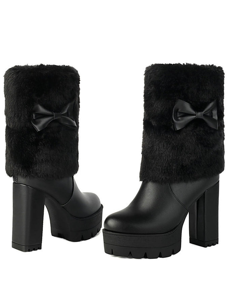 Vintage Bowknot Plush Chunky Heel Boots - vintage shoes, retro heels