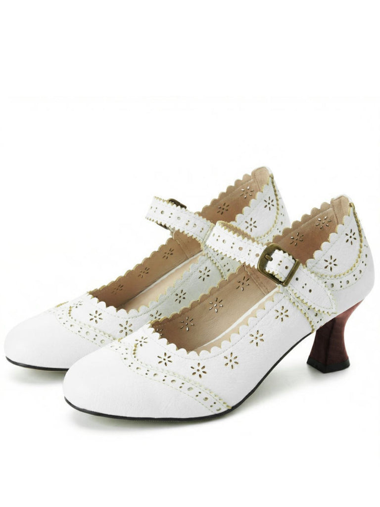 Vintage Brogue Floral Hollow Out Chunky Heels, vintage shoes, retro heels - perfect for women who love vintage and retro fashion