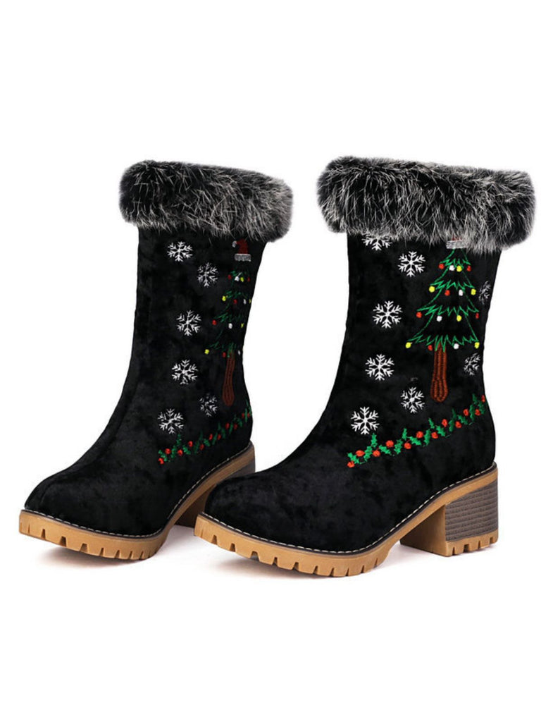 Vintage Christmas Tree Snowflake Plush Chunky Heel Boots - vintage shoes, retro heels