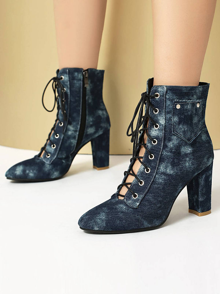Vintage Denim Lace-Up High Heel Boots — 1950s style that transcends decades