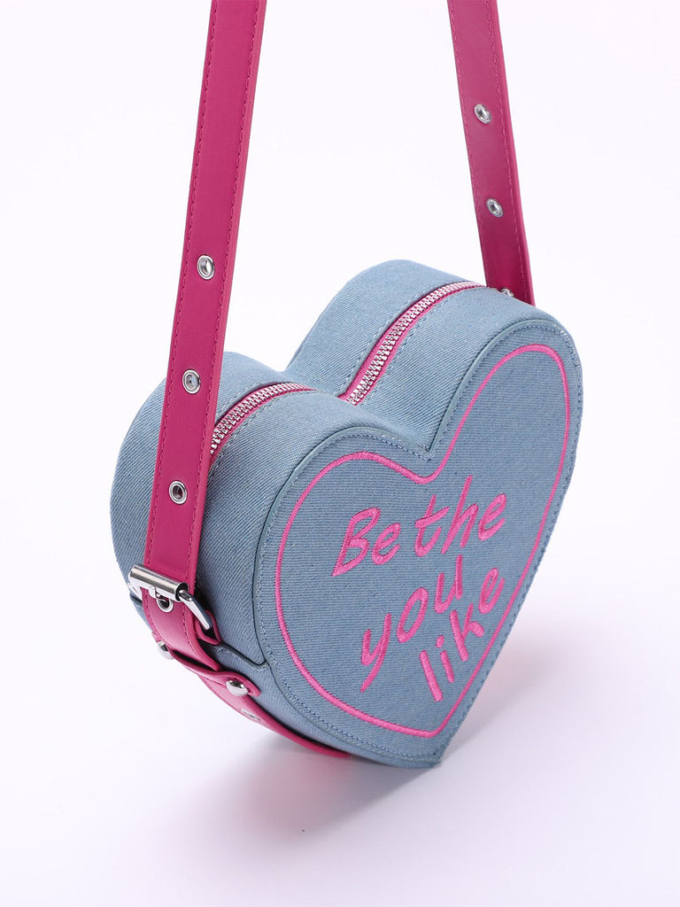 Vintage Denim Letter Embroidered Sling Heart Bag - vintage fashion, retro style, elegant red