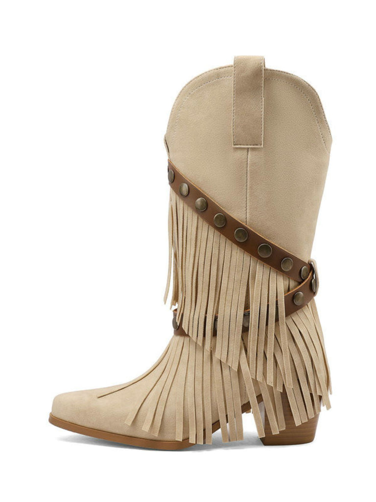 Vintage Denim Western Cowboy Tassel Mid-Calf Boots - vintage fashion, retro style, classic elegance for vintage lovers