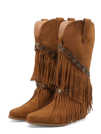 Vintage Denim Western Cowboy Tassel Mid-Calf Boots - vintage fashion, retro style, classic elegance for vintage lovers