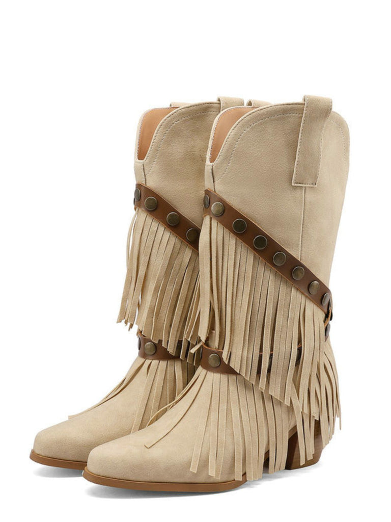 Vintage Denim Western Cowboy Tassel Mid-Calf Boots - vintage fashion, retro style, classic elegance for vintage lovers