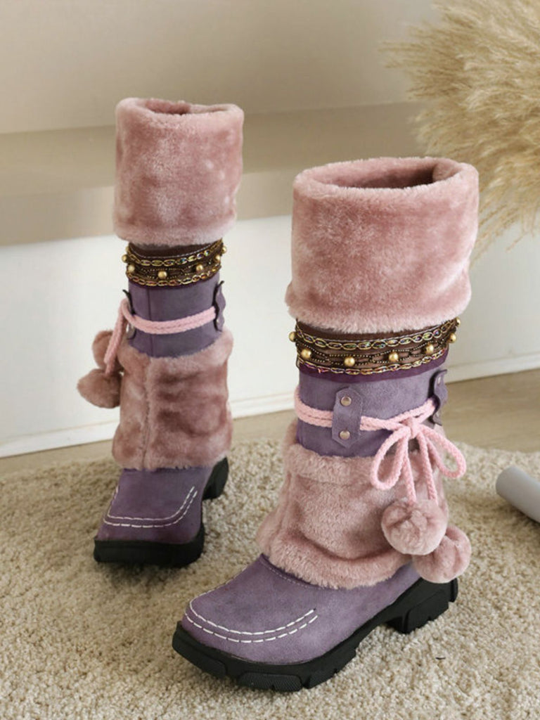 Vintage Faux Fur Pom-Pom Winter Snow Boots - vintage fashion, retro style