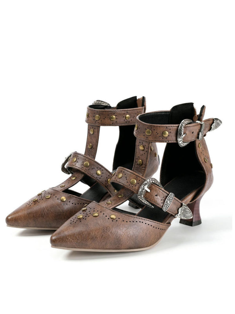 Vintage Faux Leather Pointed Toe Studded Sandals - vintage fashion, retro style, classic elegance for vintage lovers