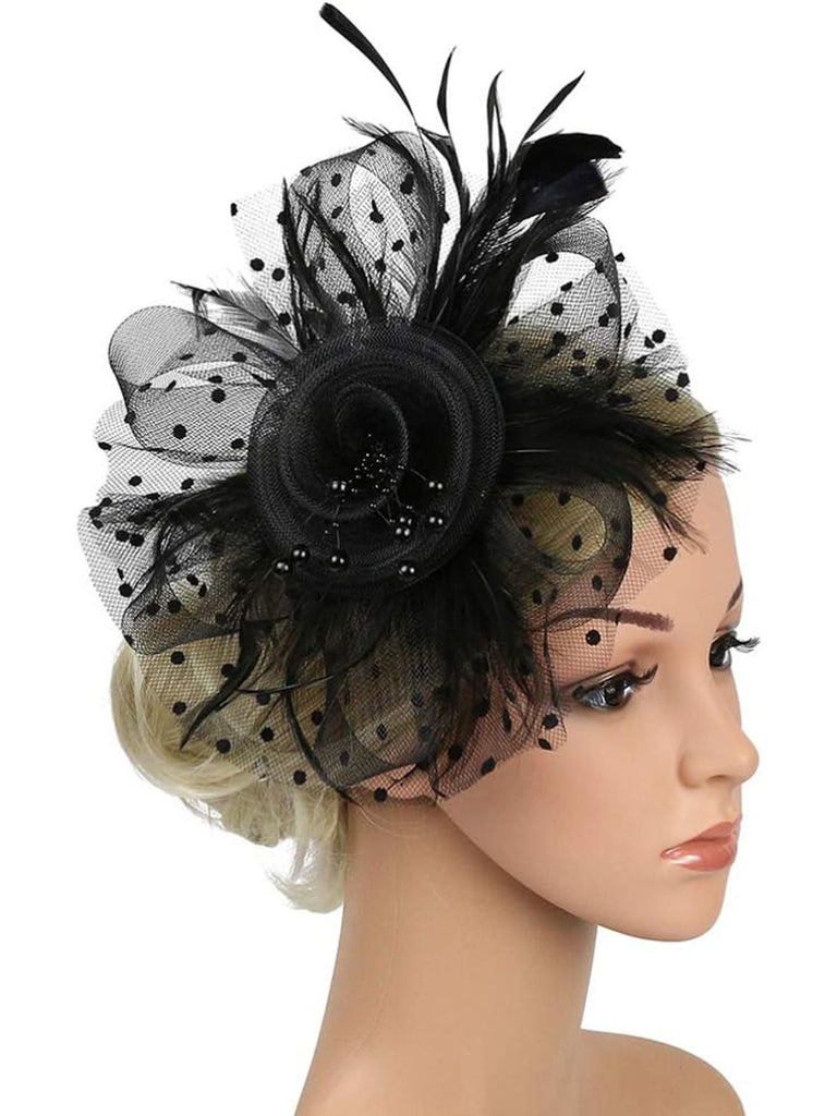 She finds her 1950s story in this Vintage Feather Polka Dots Mesh Bead Headpiece