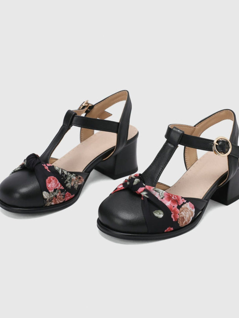 Vintage Floral Bow Round Toe T-Strap Mary Jane Sandals | vintage fashion, retro style, classic elegance - perfect for retro fashion enthusiasts