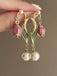 Vintage Gold Edge Tulip Pearl Earrings - vintage fashion, retro style, glamorous gold