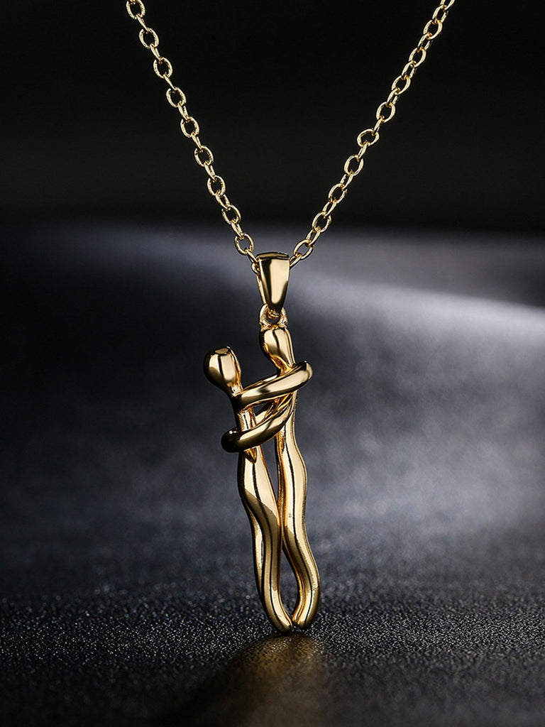 Vintage Gold Metallic Couple Hug Pendant Necklace - vintage fashion, retro style, glamorous gold