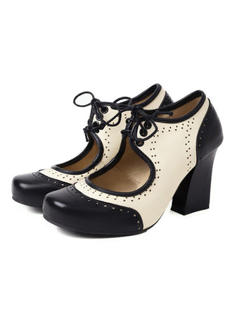 She finds her 1950s story in this Vintage Hollow-Out Colorblock Lace-Up Heels