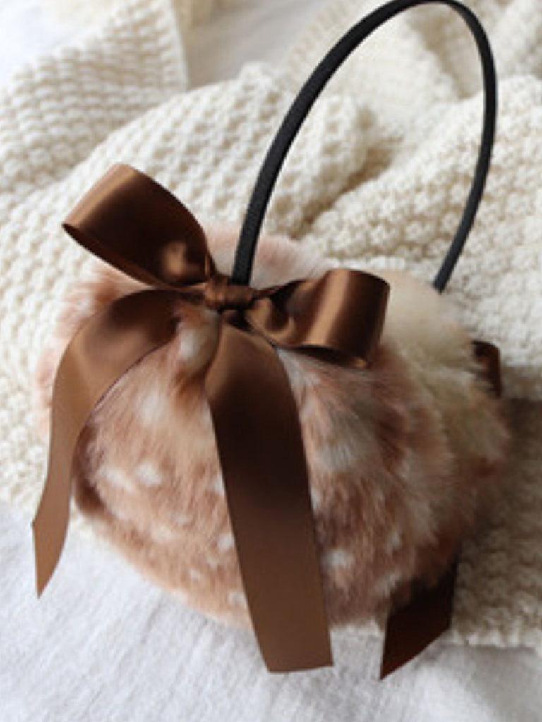 Vintage Khaki Deer Style Faux Fur Bow Earmuffs - vintage fashion, retro style