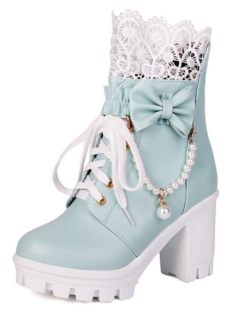 Vintage Lace Beaded Bow Chunky Heels Boots - vintage shoes, retro heels