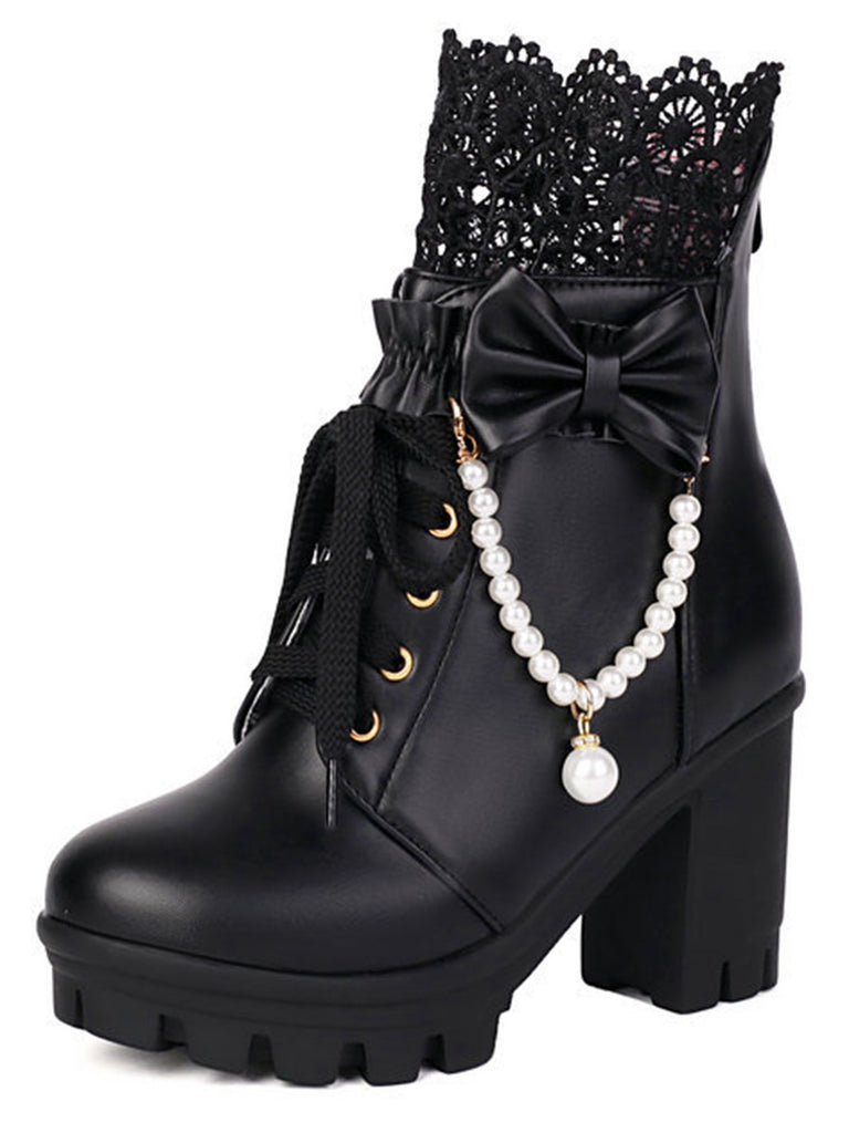 Vintage Lace Beaded Bow Chunky Heels Boots - vintage shoes, retro heels