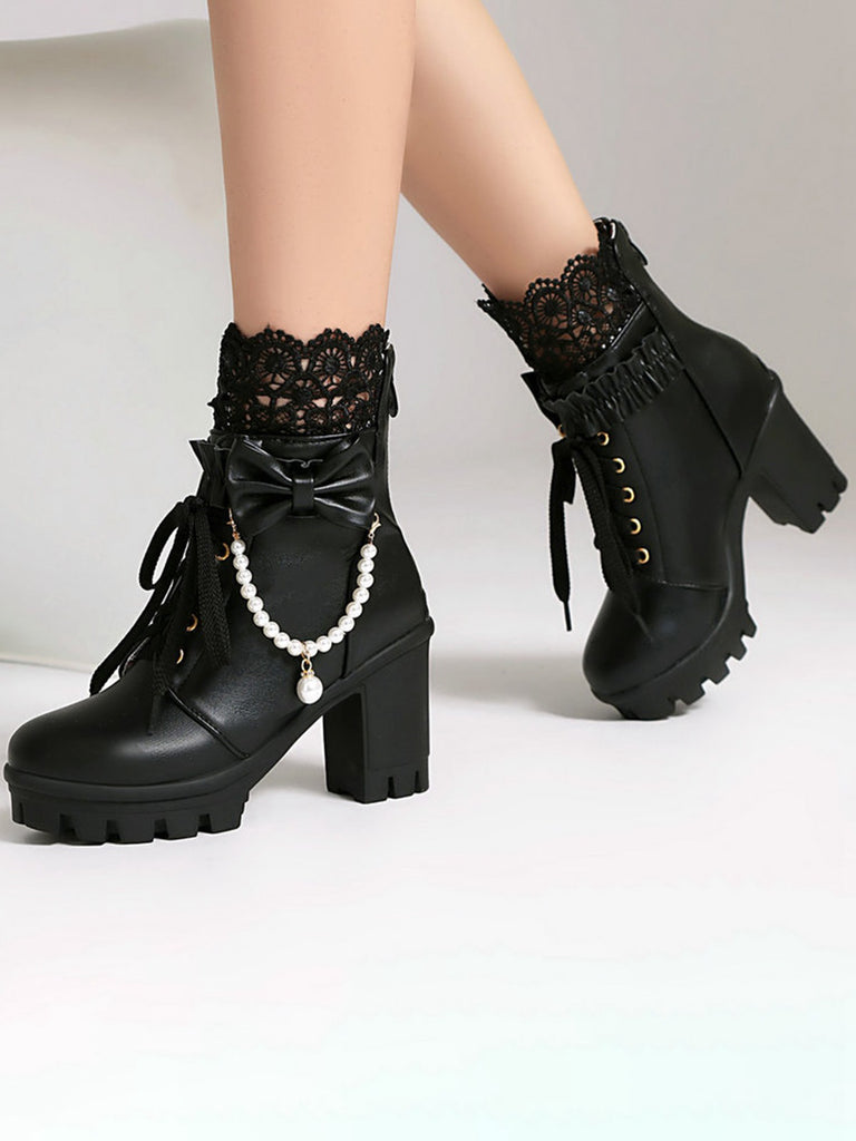 Vintage Lace Beaded Bow Chunky Heels Boots - vintage shoes, retro heels