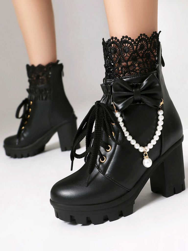Vintage Lace Beaded Bow Chunky Heels Boots - vintage shoes, retro heels