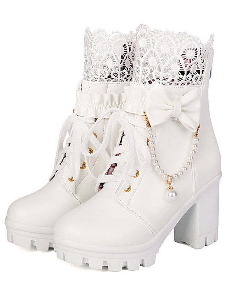 Vintage Lace Beaded Bow Chunky Heels Boots - vintage shoes, retro heels