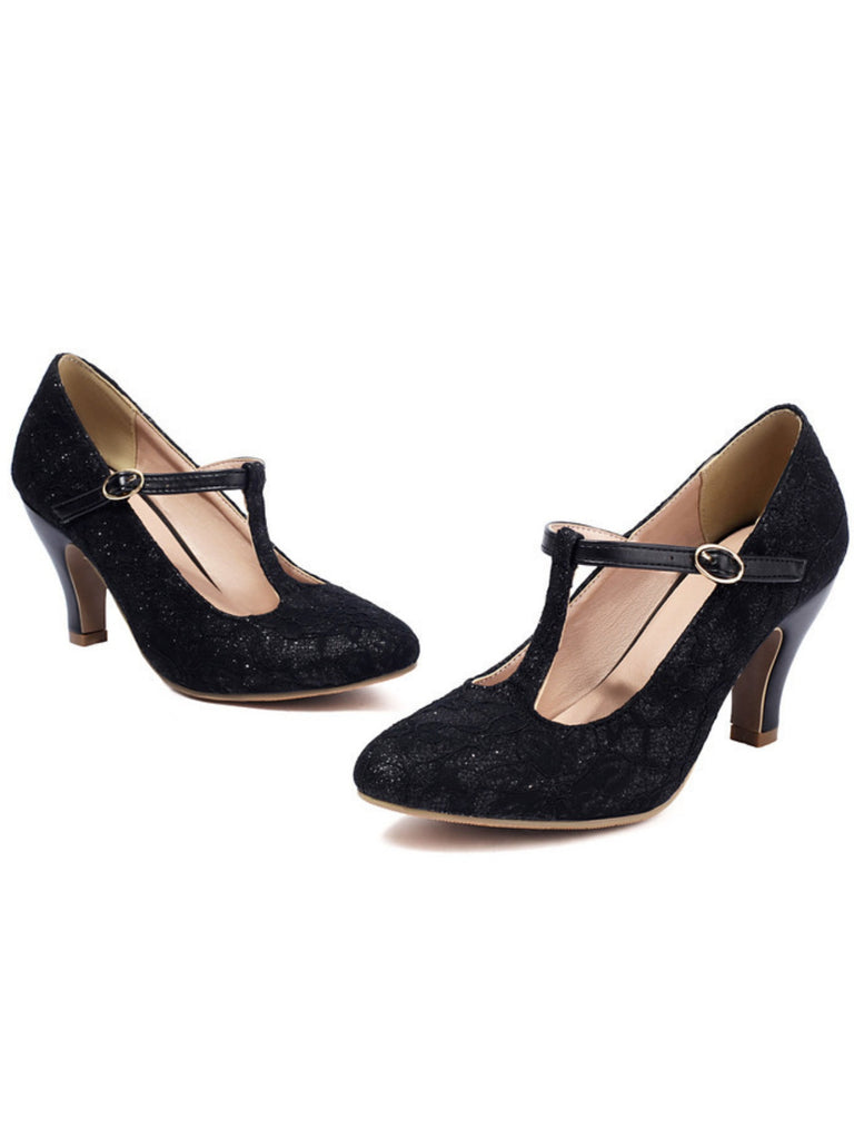 Vintage Lace Patchwork T-Strap Buckle High Heels - vintage shoes, retro heels