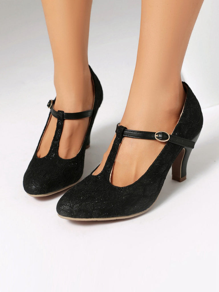 Vintage Lace Patchwork T-Strap Buckle High Heels - vintage shoes, retro heels