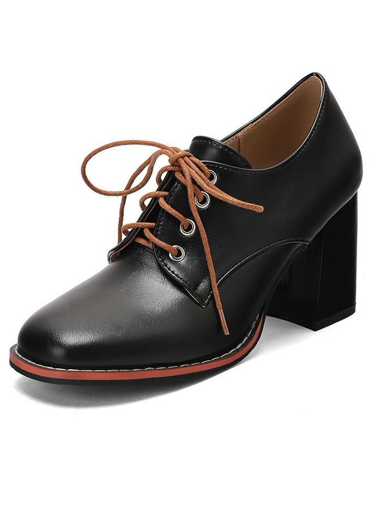 Vintage Leather Lace-Up Chunky Heel Shoes - vintage shoes, retro heels