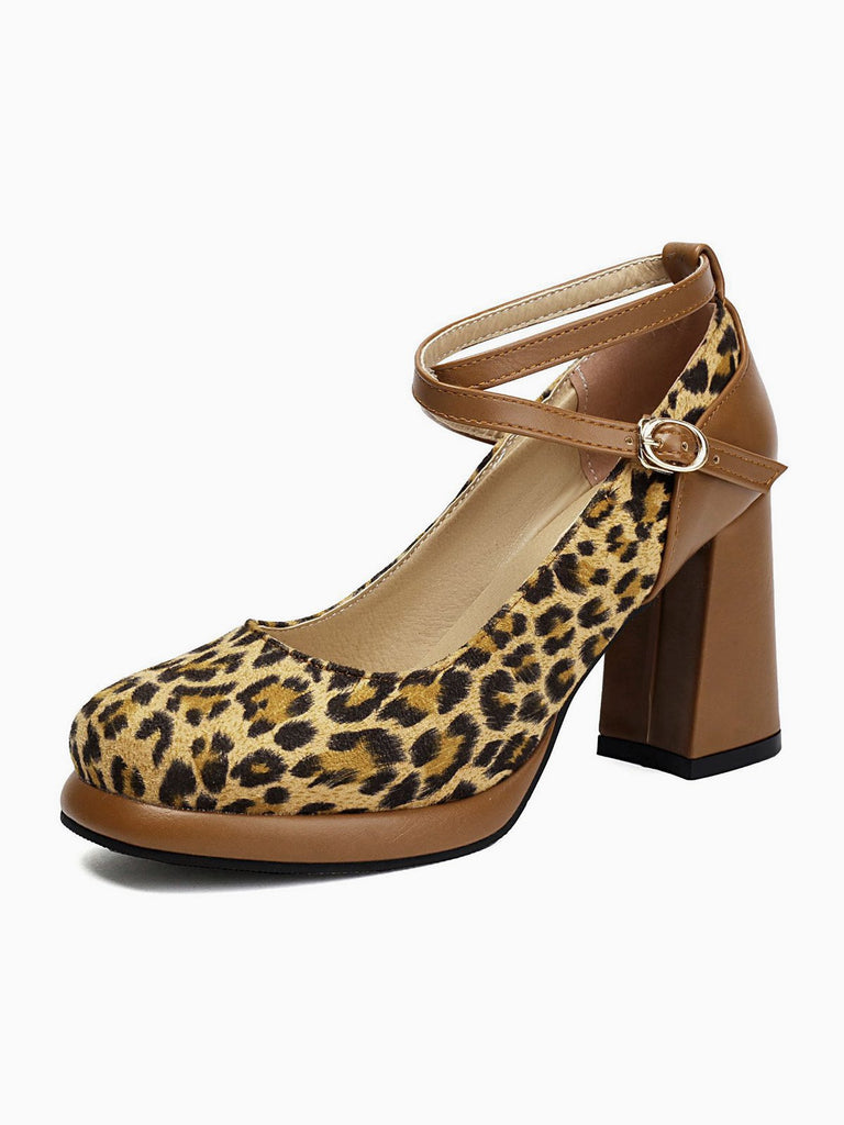 Vintage Leopard Criss-Cross Buckle Chunky Heels, vintage shoes, retro heels - perfect for women who love vintage and retro fashion