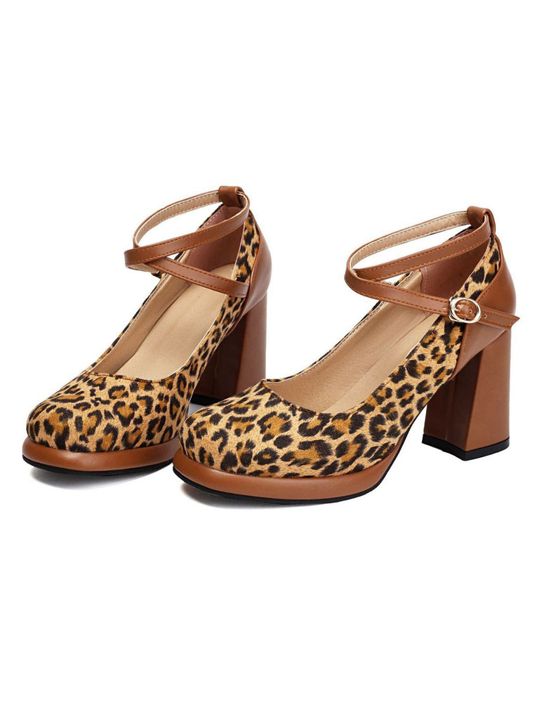 She finds her 1950s story in this Vintage Leopard Criss-Cross Buckle Chunky Heels