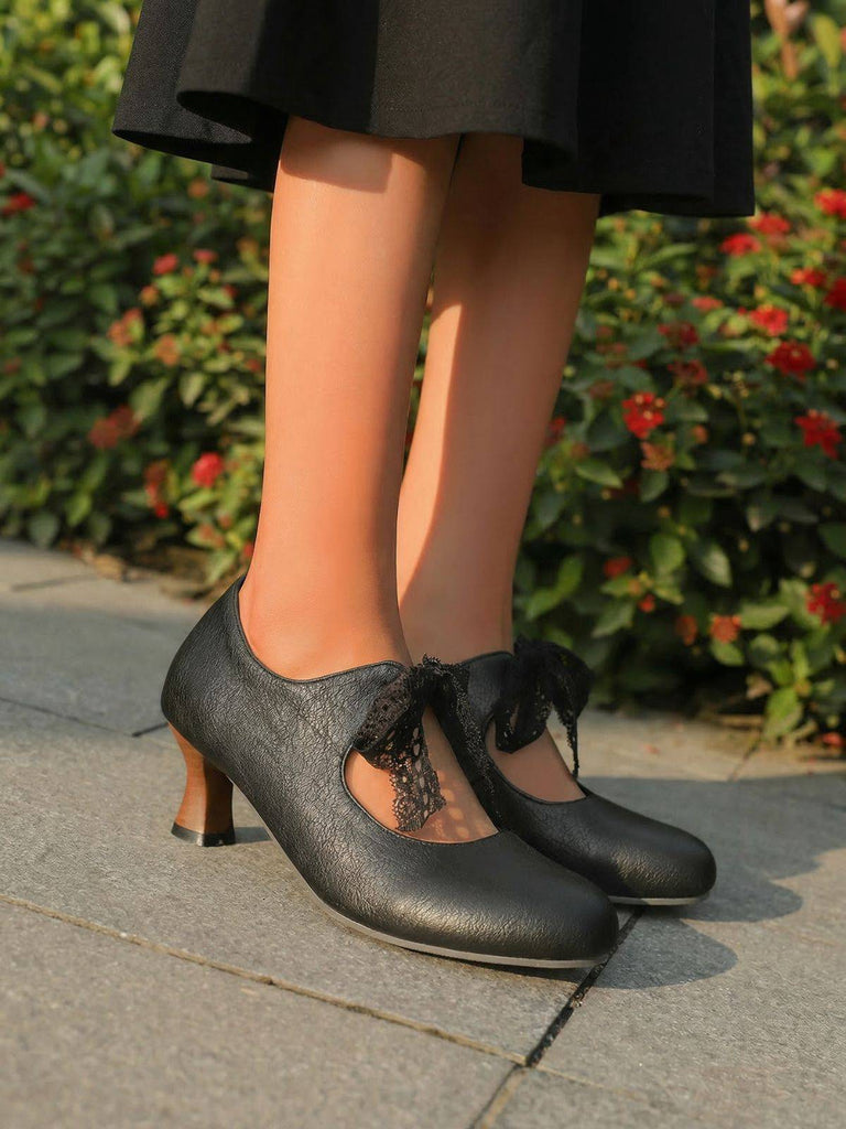 Vintage Mary Jane Lace Bow Heels - vintage shoes, retro heels
