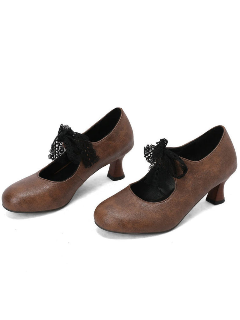 Vintage Mary Jane Lace Bow Heels - vintage shoes, retro heels