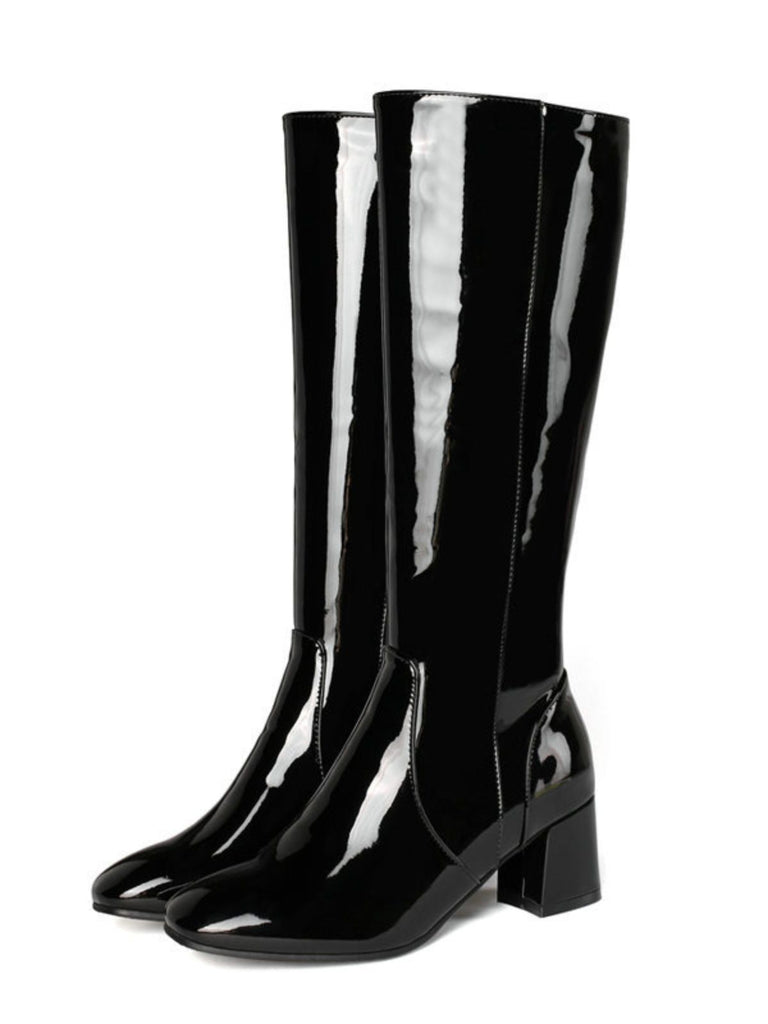 Vintage Patent Leather Block Heel Knee-High Boots - vintage shoes, retro heels