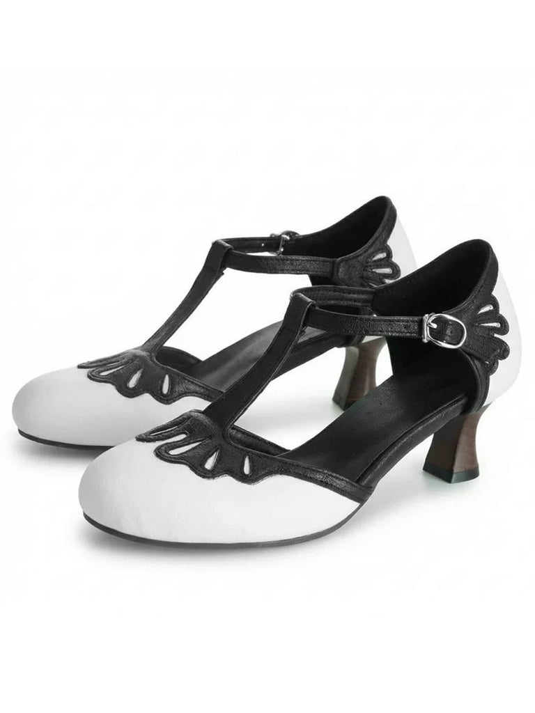 Vintage Round-Toe T-Strap Chunky Heels - vintage fashion, retro style, classic elegance for vintage lovers