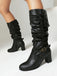 Vintage Solid Buckle Ruched Chunky Heels Boots - vintage shoes, retro heels
