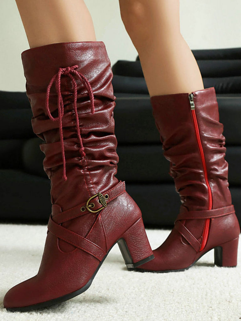 Vintage Solid Buckle Ruched Chunky Heels Boots - vintage shoes, retro heels