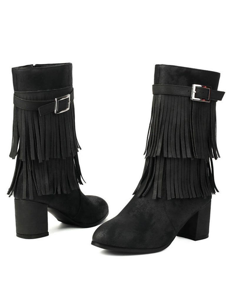 Vintage Solid Fringe Suede Chunky High Heel Boots - vintage shoes, retro heels