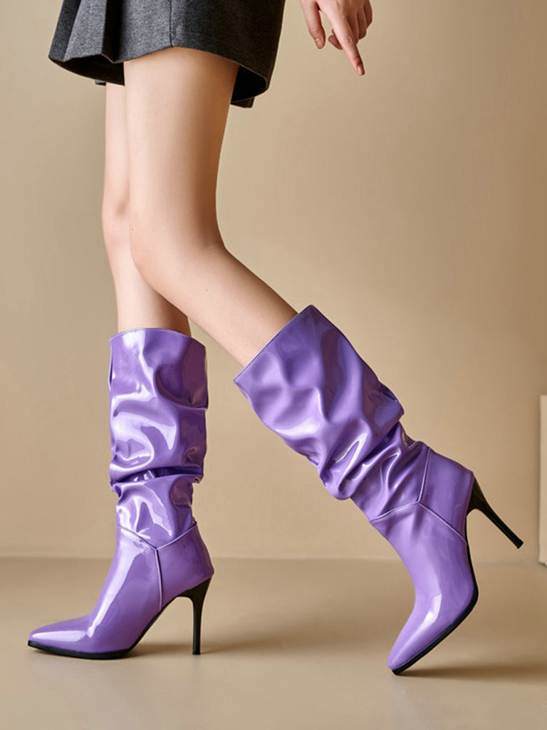 Vintage Solid Patent Leather Mid-Calf High Boots - vintage fashion, retro style