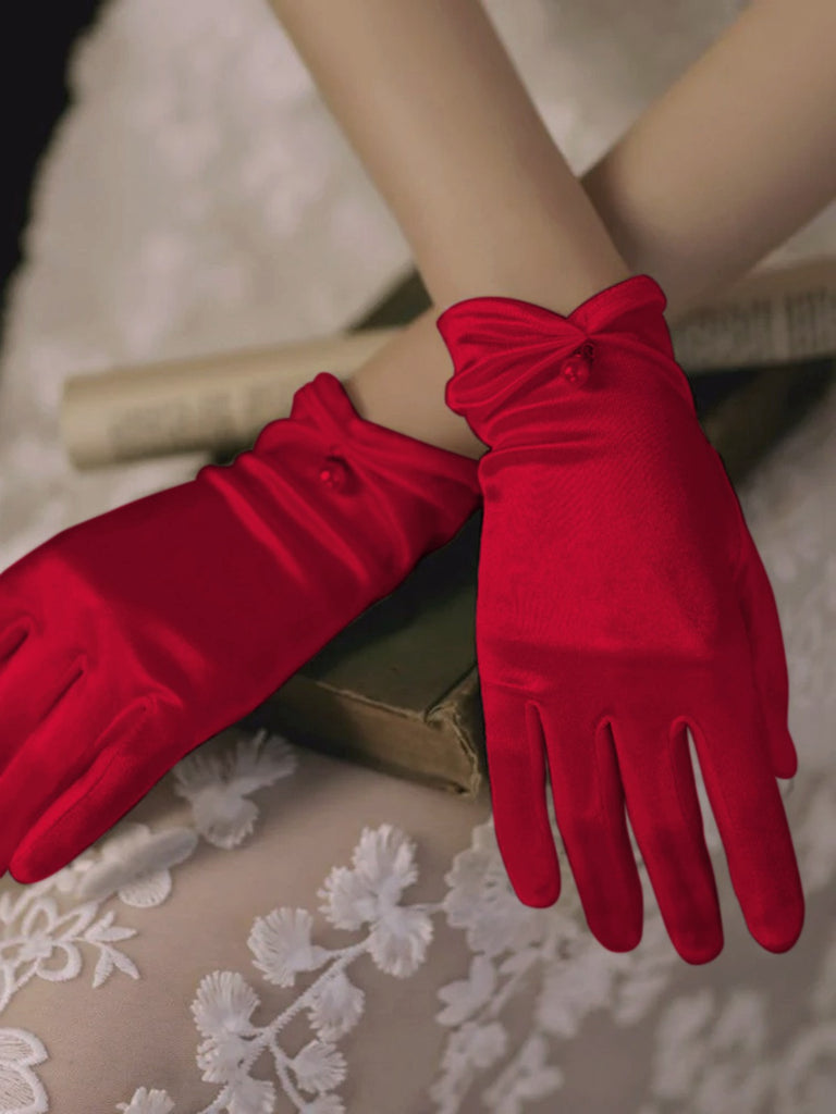 Vintage Solid Stretch Satin Short Gloves: 1950s detail work for the woman who notices
