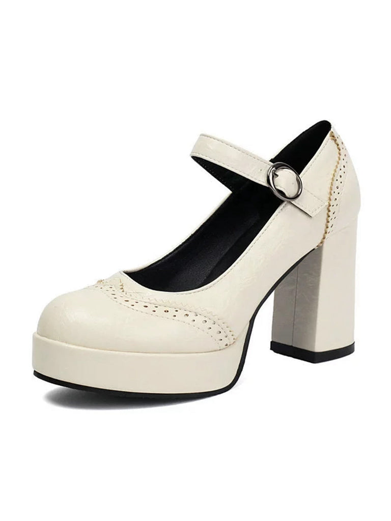 Vintage Solid Round Toe Buckle Chunky Heels - vintage shoes, retro heels